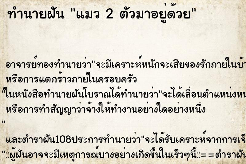 ทำนายฝัน แมว 2 ตัวมาอยู่ด้วย